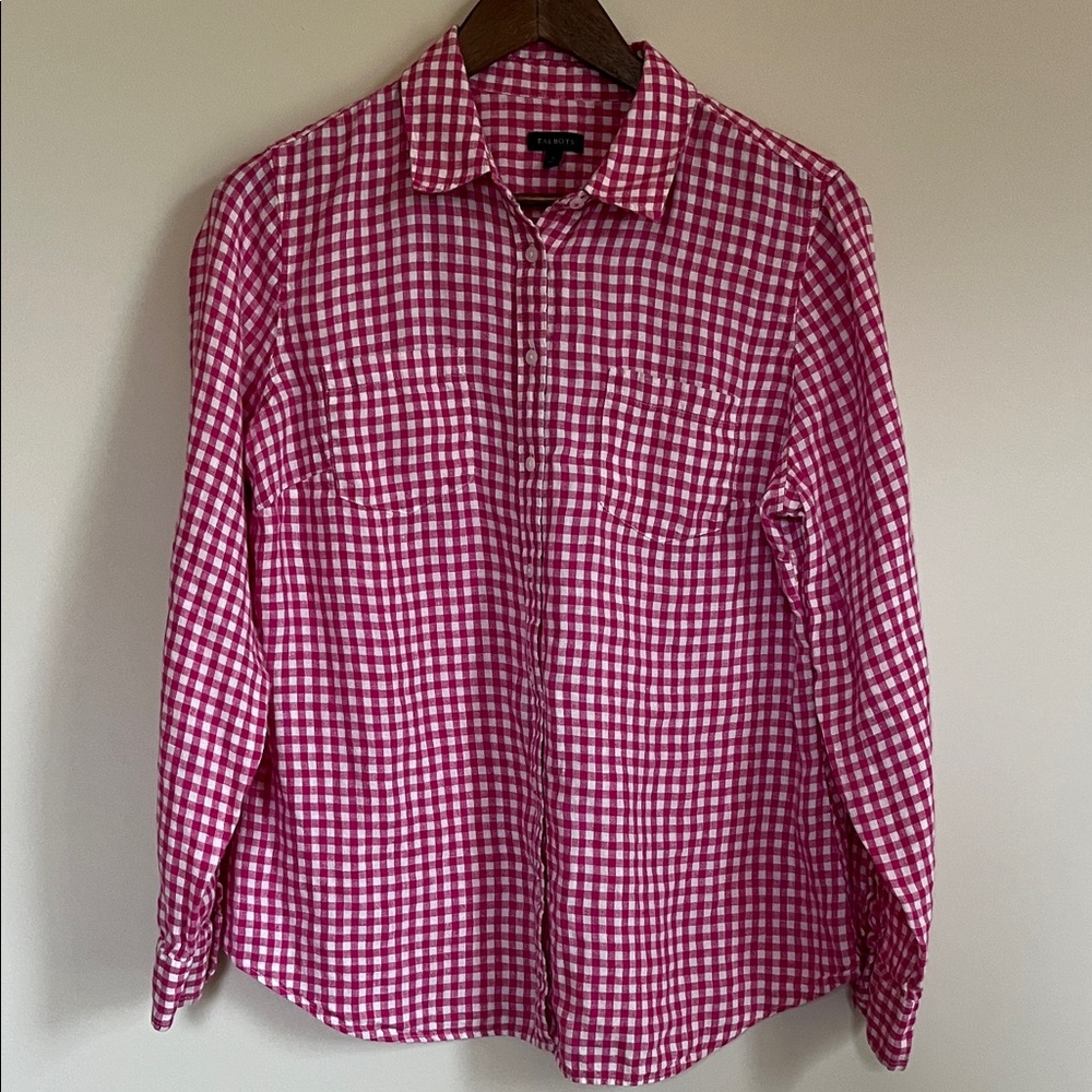 Talbots Pink and White Gingham Button-Down Shirt 100% linen large